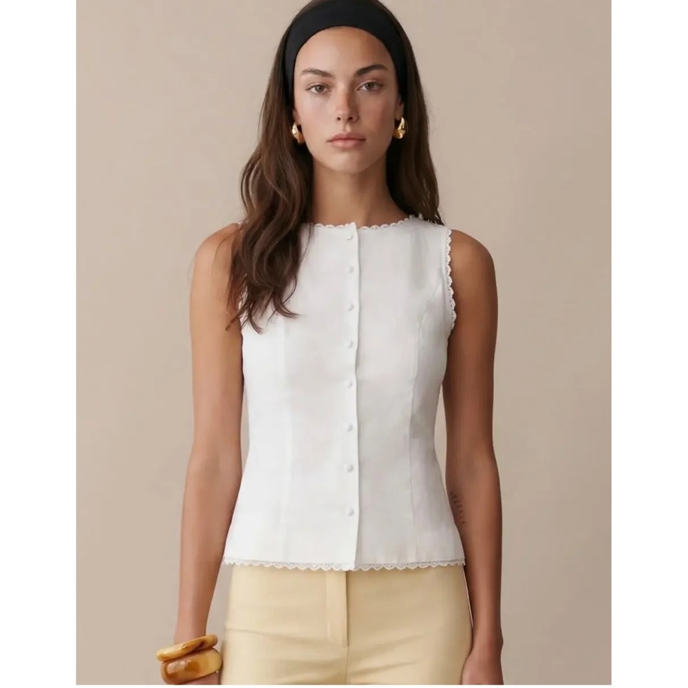 Kourt Anthropologie White Linen Lace Trim Button Down Vest Top Sleeveless Size 4